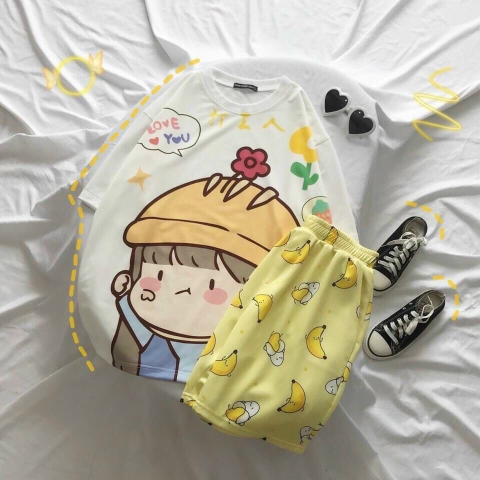 Sét đồ bộ form rộng Unisex Cartoon in hình cậu bé mũ vàng TTML0051