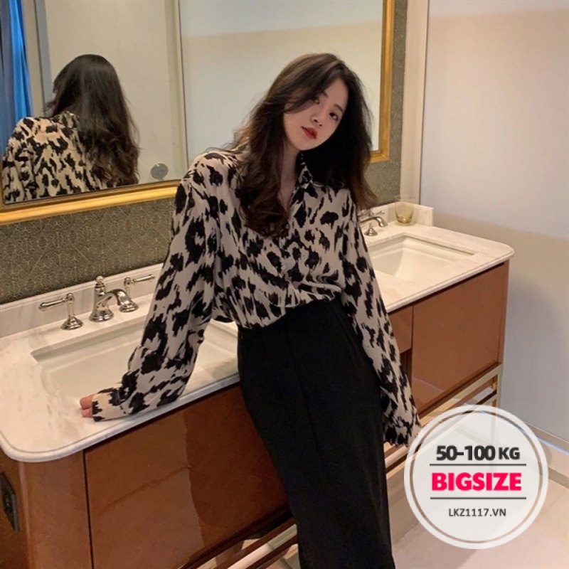 BIGSIZE Set Bộ đồ nữ Áo sơ mi đẹp cá tính báo tay dài Kết Hợp chân váy dài - Phong cách Hàn Quốc