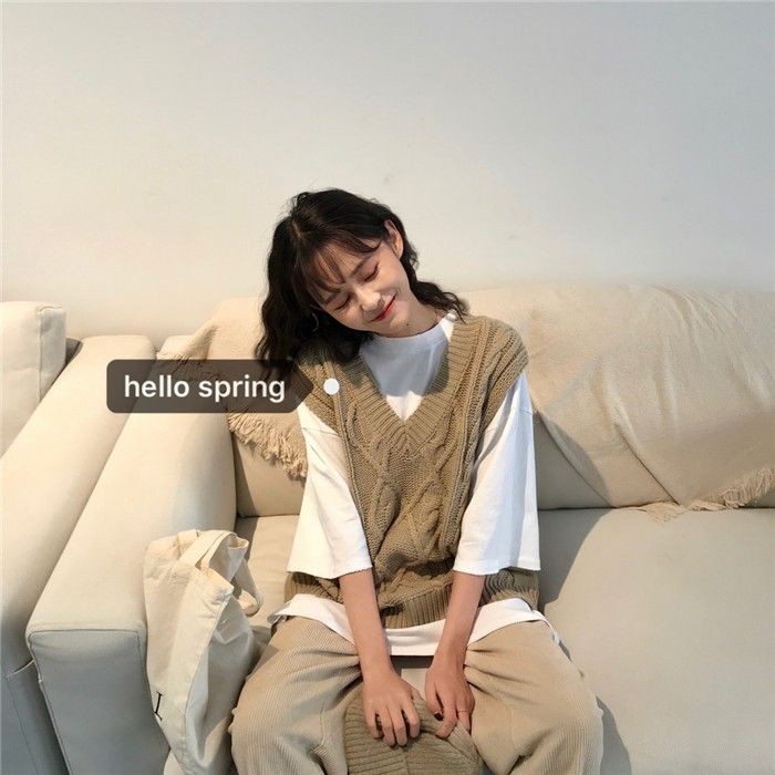 Set áo pull trắng trơn tay lỡ + áo gile vặn thừng dáng rộng Hàng Quảng Châu