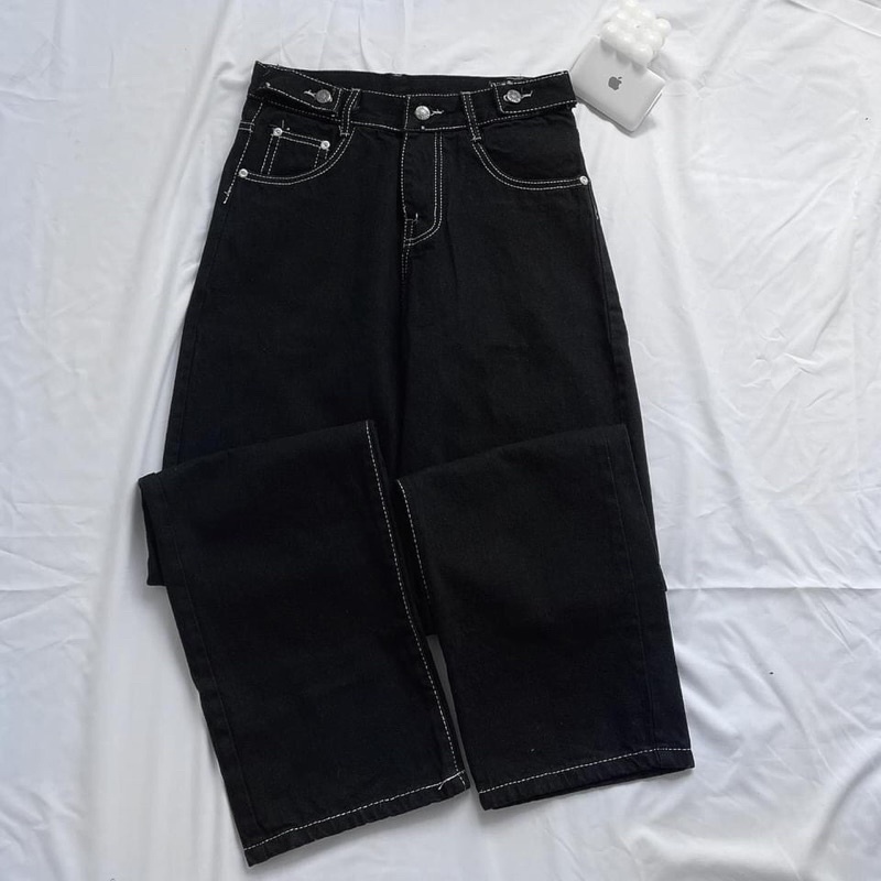 (có sẵn) Quần jean đen ống rộng viền trắng nút cài unisex (nam nữ mặc được)
