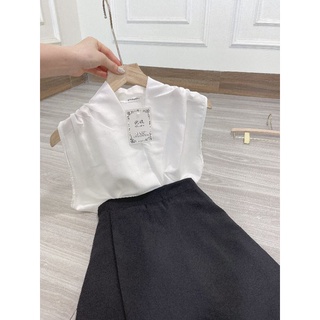 Sét áo sơ mi lụa cổ chéo mix chân váy dài xẻ ảnh thật