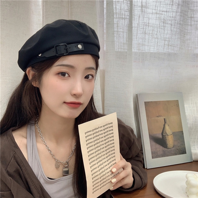 Mũ nồi màu trơn phối khóa sắt phong cách thời trang Hàn Quốc vintage cho nữ