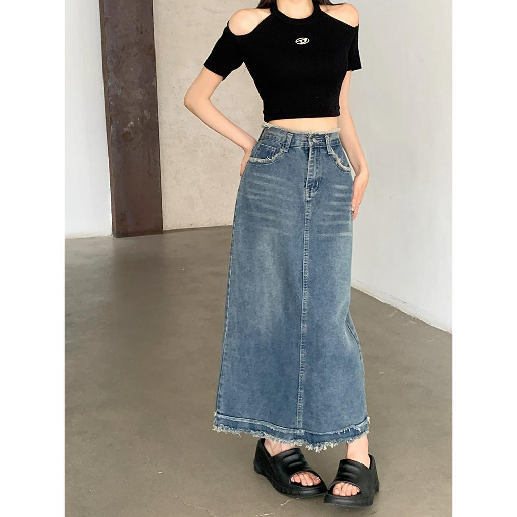 Chân váy jean Dài Dáng Chữ A Lưng Cao Phong Cách Cổ Điển Thời Trang Cho Nữ