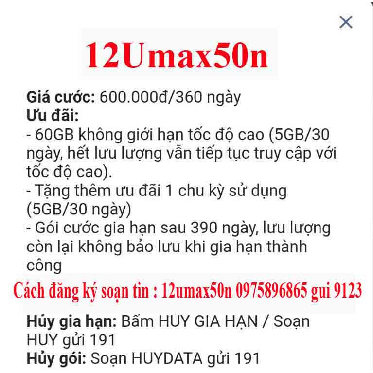 Sim 4G Viettel 12Umax50n