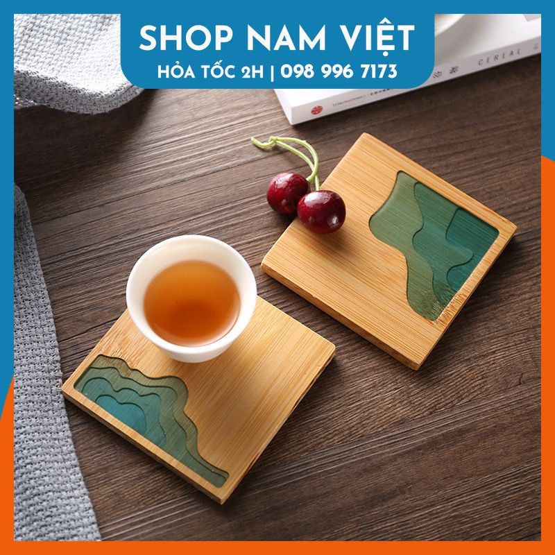 Lót Ly Gỗ Họa Tiết Sông Núi Tối Giản