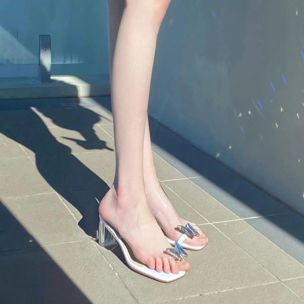 Dép Sandal Nữ Xỏ Ngón Gót Dày Mũi Vuông Quai Trong Suốt Thắt Nơ Thời Trang Đi Biển