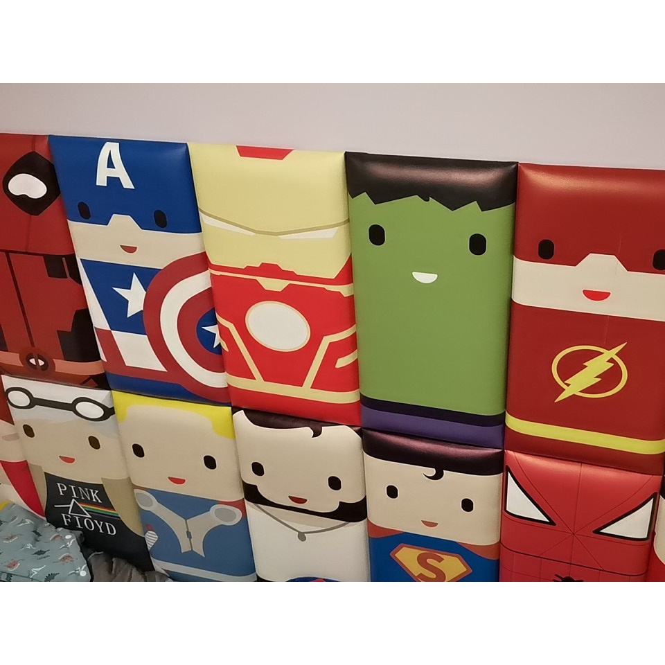 Miếng xốp nệm da dán tường hình siêu nhân dày 3cm trang trí phòng ngủ đầu giường chống va đập an toàn cho bé