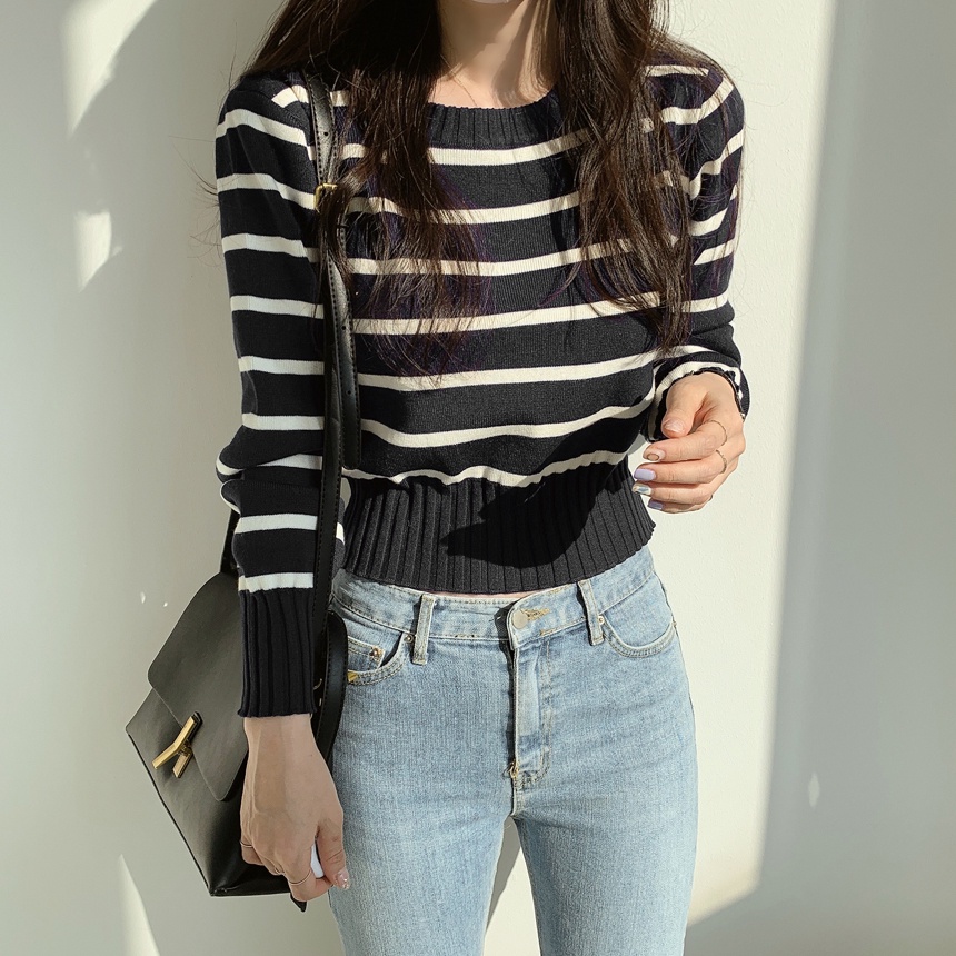 Áo sweater ZHELIHANGFEI dài tay lưng cao họa tiết kẻ sọc ngang phong cách retro