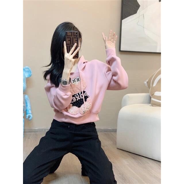 Áo Nỉ Nữ Có Mũ POXE 🦋 Áo Dài Tay Nữ Thêu Hình Cute 2 Màu 🦋