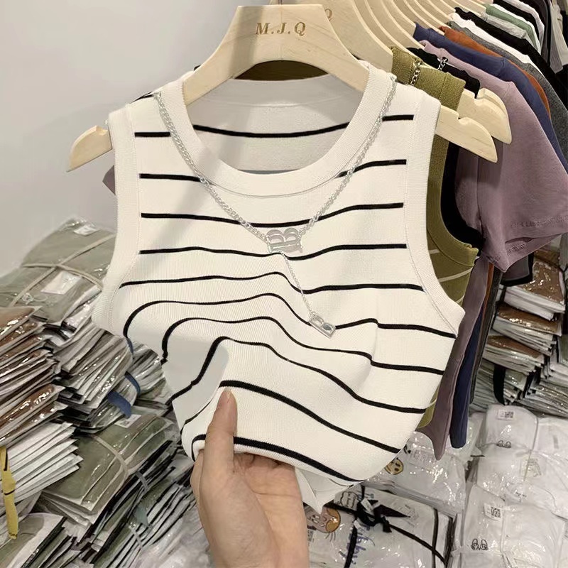 Dệt Kim Hở Rốn Phong Cách Ngắn Sọc Áo Vest Nữ Mỏng Vừa Vặn Mặc Trong Không Tay
