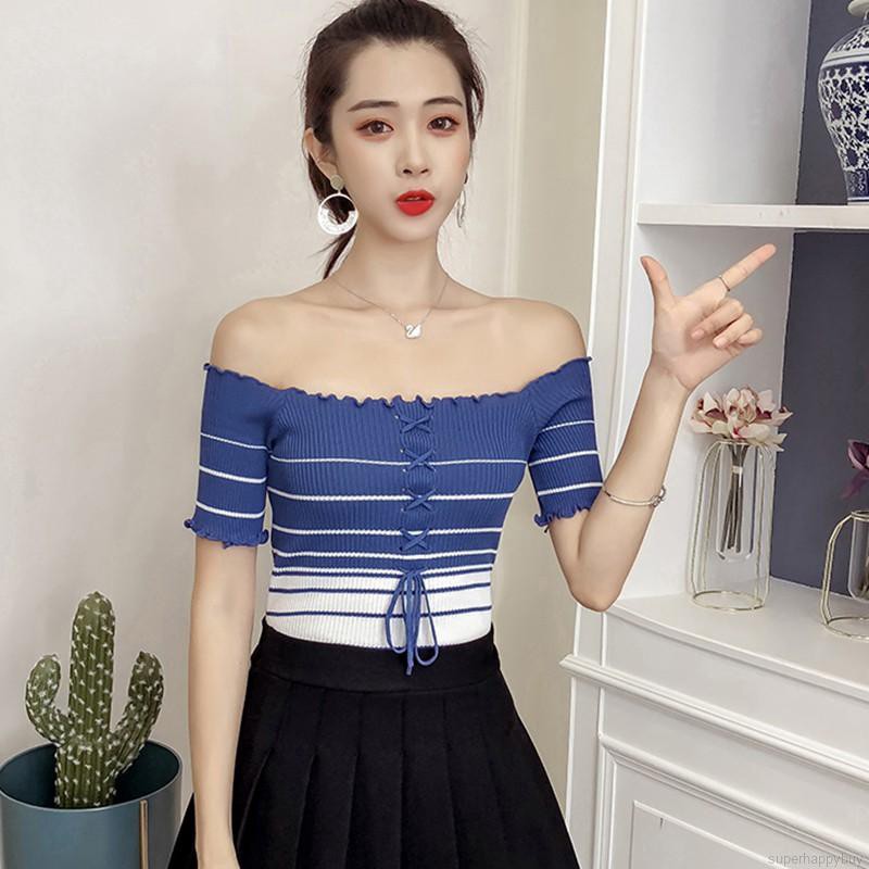 Áo dệt kim trễ vai họa tiết sọc ngang thời trang cho nữ