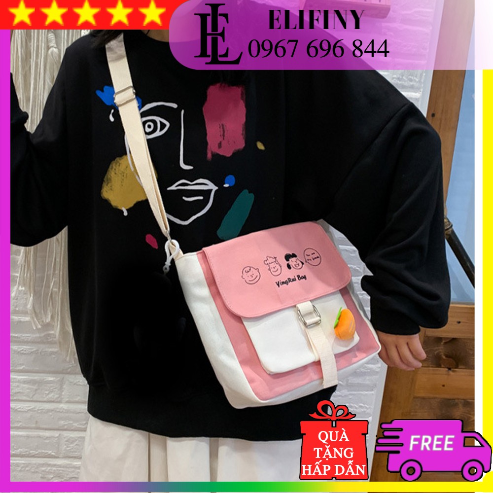 Túi Đeo Chéo YingRui Bag Form To Rộng Rãi Vải Canvas Học Sinh Đi Học Đi Chơi Phong Cách Hàn Quốc Dễ Thương