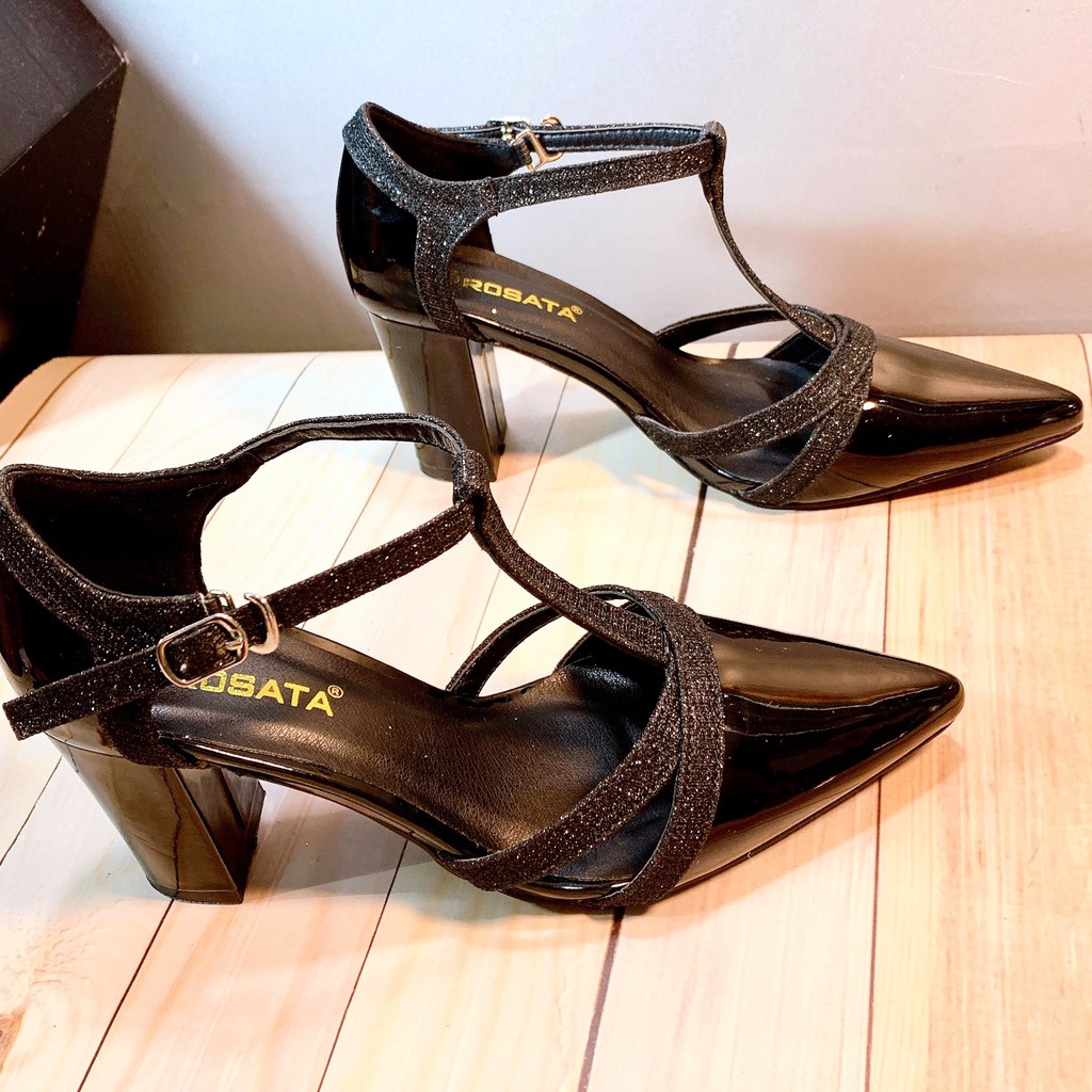 [ẢNH THẬT] Giày sandal gót trụ viền kim tuyến cao cấp ROSATA RO286 cao 7p mũi nhọn - đen, bạc - HÀNG VIỆT NAM - BKSTORE