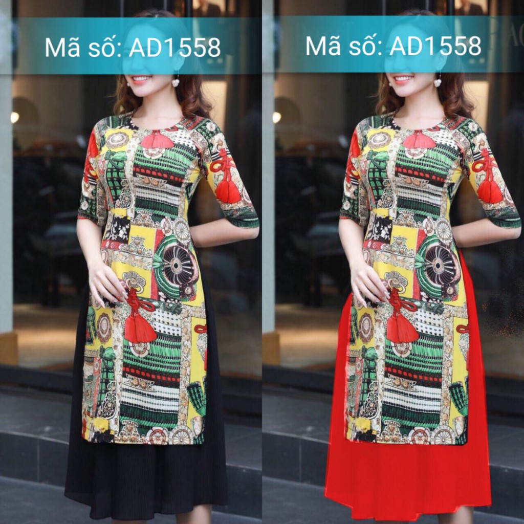 ⚡️ có big size 5XL ⚡️ AD1558 ÁO DÀI CÁCH TÂN LỤA HỌA TIẾT CỔ ĐIỂN HOA NỀN VÀNG TAY LỠ KÈM VÁY