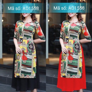 ⚡️ có big size 5XL ⚡️ AD1558 ÁO DÀI CÁCH TÂN LỤA HỌA TIẾT CỔ ĐIỂN HOA NỀN VÀNG TAY LỠ KÈM VÁY