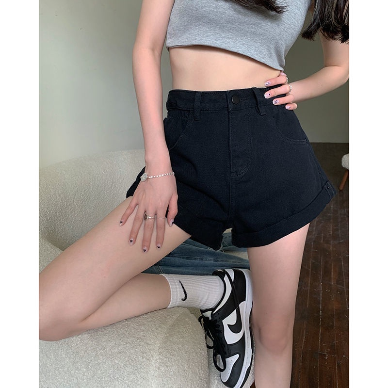 Quần Short Denim Đen Lưng Cao Viền Cong Thời Trang Mùa Hè Cho Nữ