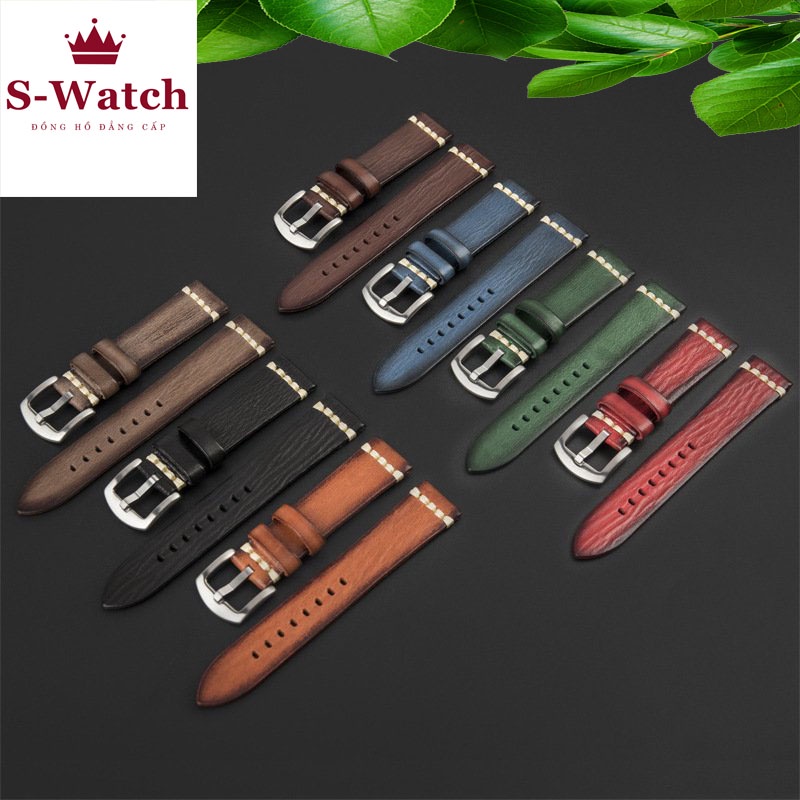 Dây đồng hồ da bò thật một lớp size 20mm, 22mm LOANG MÀU phong cách cổ điển