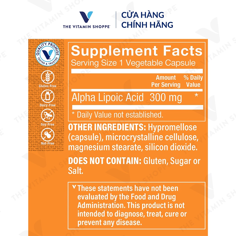 Viên uống hỗ trợ kiểm soát đường huyết THE VITAMIN SHOPPE Alpha Lipoic Acid 300 MG 60 viên