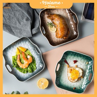 Đĩa sứ vuông có tay cầm phối men màu đẹp mắt – dùng cho bàn ăn và décor – phong cách Bắc Âu