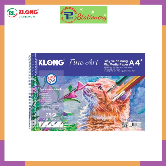 Vở vẽ lò xo Klong màu nước Artwork A4 -250GSM +- 25% cotton - 25 tờ; MS: 777