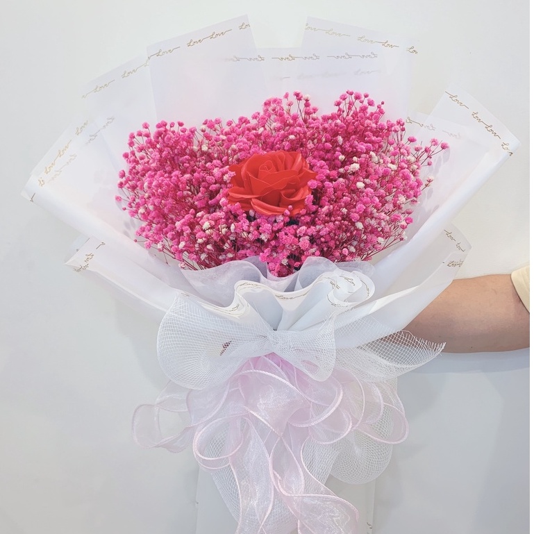 Bó hoa baby hồng phấn mix hoa sáp đỏ nổi bật, hoa thật sấy khô cực bền, quà tặng hoa khô