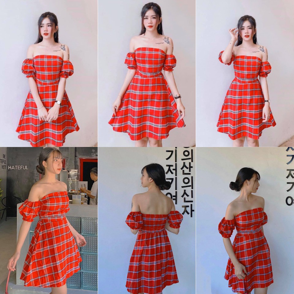 Đầm Caro Đỏ Holi Dress trễ vai - chất vải dày kèm mút ngực sau lưng bo chun co giãn - váy xoè nhẹ búp tay phồng nhẹ
