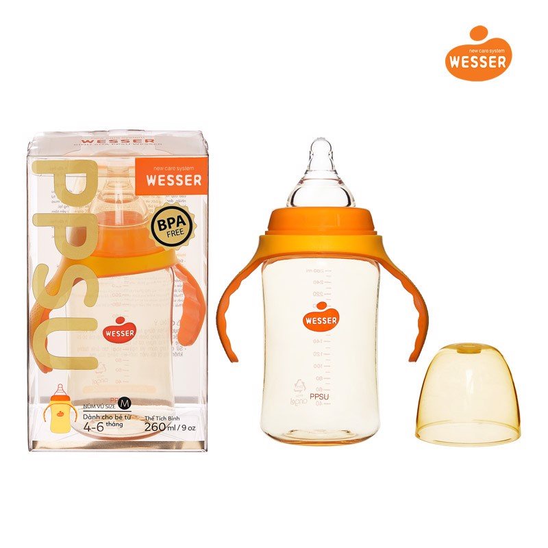 Bình sữa cao cấp cổ rộng có tay cầm - 260ml PPSU Wesser