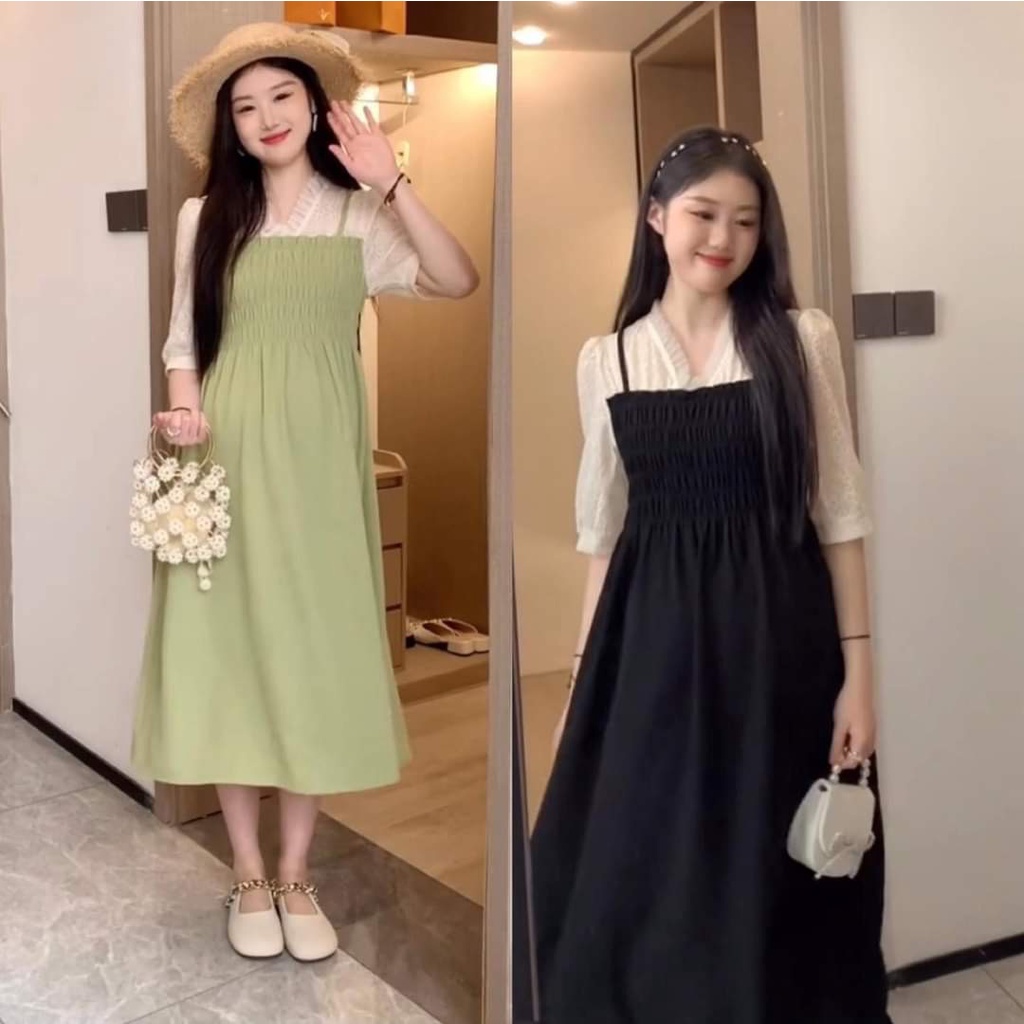váy bầu thiết kế chun ngực 2 mầu xanh cốm và đen phù hợp dự tiệc/đi chơi/đi làm size 40-75kg