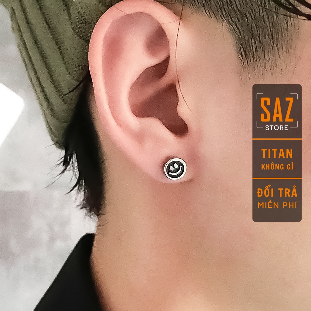 Khuyên Tai Nam Nữ SAZ Mặt Cười Đen SAZ Nhỏ Tròn - Bông Tai Unisex Chất Liệu Titan -HT Black Smile