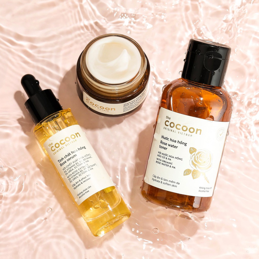 Combo cấp ẩm và phục hồi cocoon: Nước hoa hồng 140ml + Tinh chất hoa hồng 30ml + Thạch hoa hồng dưỡng ẩm 30ml