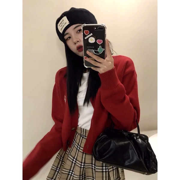 Áo khoác cardigan nữ dáng dài tay màu đỏ phong cách hàn quốc
