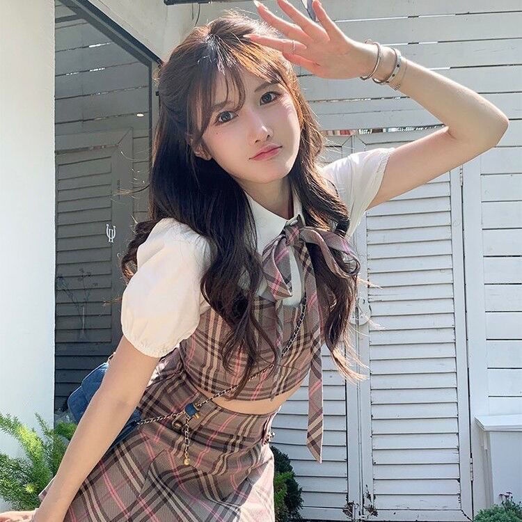 Bộ Áo Sơ Mi Giả Hai Mảnh + Chân Váy Đồng Phục Xếp Ly Sọc Caro Thời Trang Mùa Hè Cho Bạn Gái