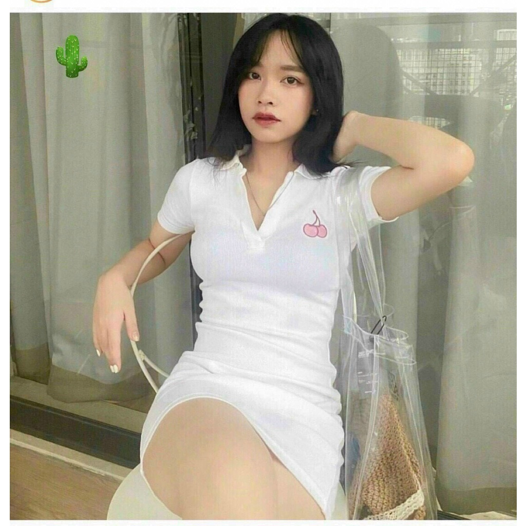 Đầm nữ cổ bẻ phối thêu hình chery dáng ngắn body chất thun gân