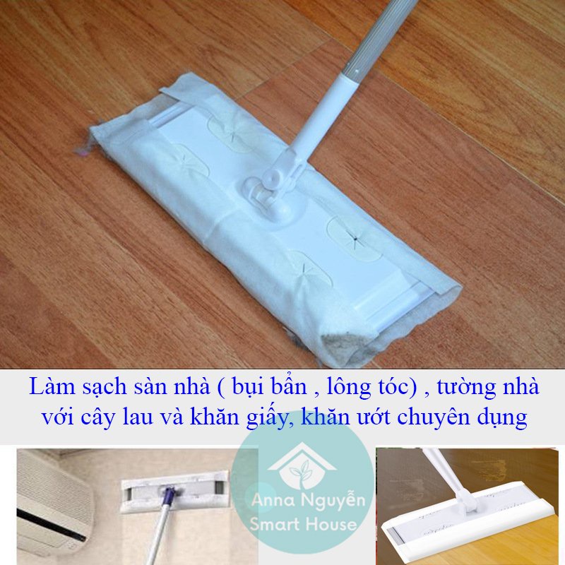 Cây lau sàn dùng khăn giấy khô hoặc khăn giấy ướt sử dụng 1 lần thay thế dễ dàng, tiện lợi