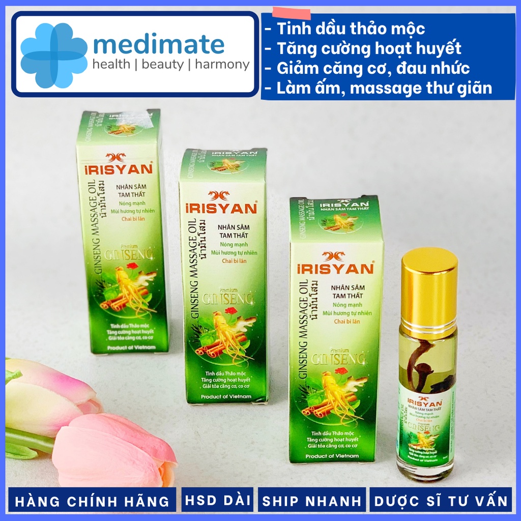 Dầu Nhân Sâm Tam Thất IRISYAN chai bi lăn nóng mạnh, mùi thơm tự nhiên (chai 9ml)