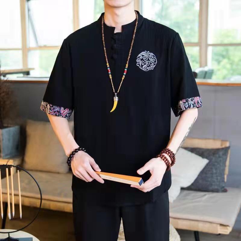 Áo Thun Cotton Lanh Mỏng Tay Ngắn Dáng Rộng Thêu Hình Chim Hạc Kiểu Trung Hoa Thời Trang Cho Nam 06.29