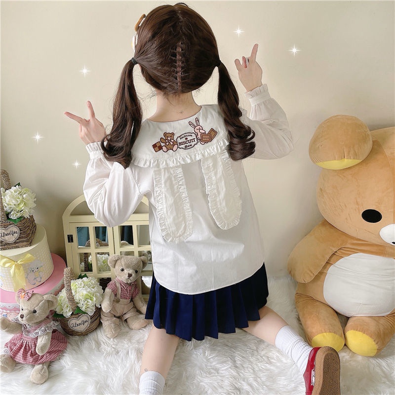 Áo Sơ Mi Mềm Tay Dài Cổ Búp Bê Tai Thỏ Phong Cách Lolita Nhật Bản Dễ Thương Cho Nữ