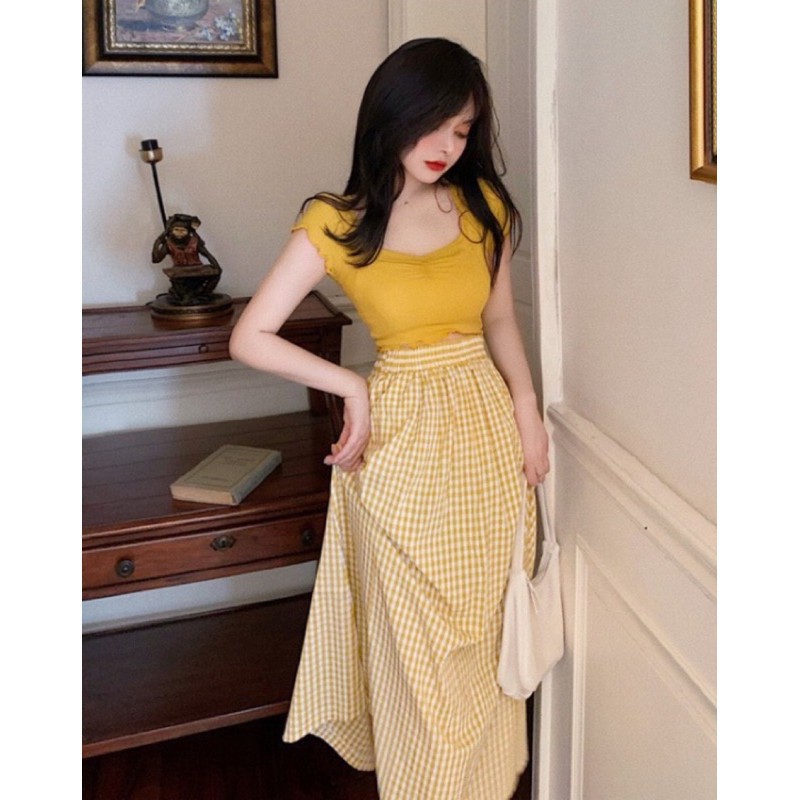 Set Váy Nữ, Set áo thun mix chân váy caro xoè hàng Qc loại 1 | BigBuy360 - bigbuy360.vn
