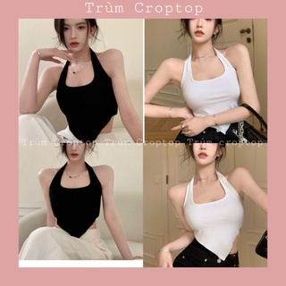 Áo croptop nữ cổ yếm lai nhọn 2 màu đen trắng chất thun bozip