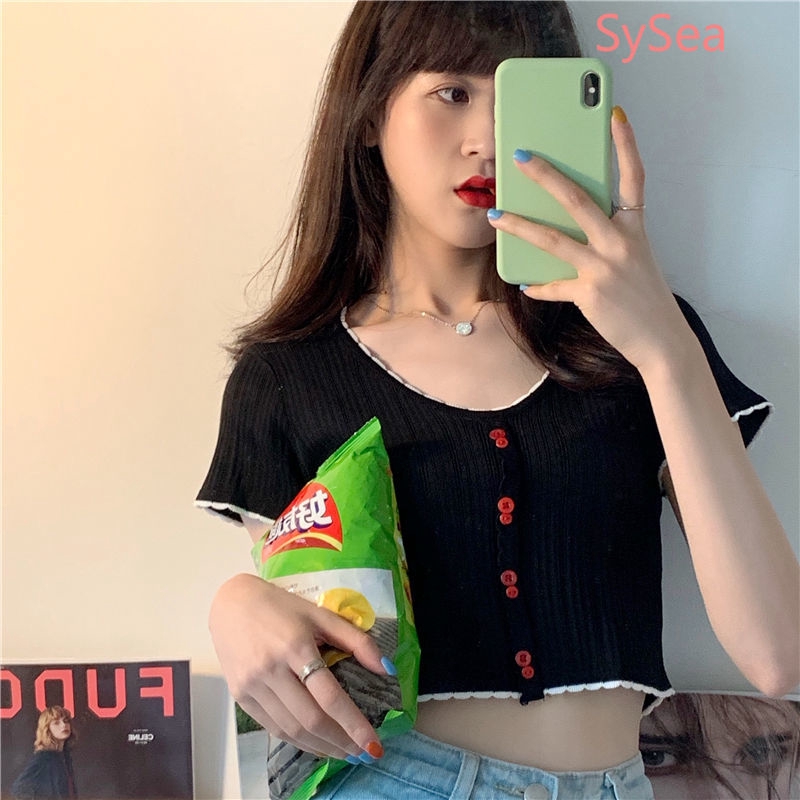 Áo Croptop Dệt Kim Tay Ngắn Thiết Kế Cổ Chữ V Quyến Rũ Cho Nữ