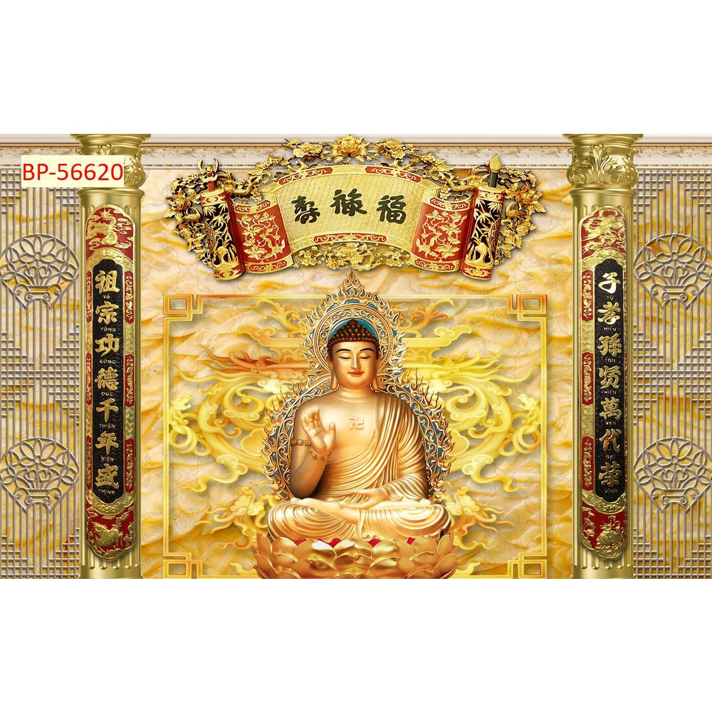 Tranh Dán tường 3d Phòng thờ, bàn thờ hình phật tổ, bình phong, núi non