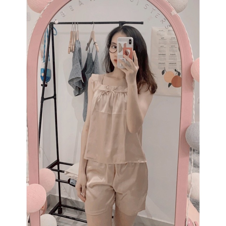 [TẶNG GƯƠNG CẦM TAY] Set đồ ngủ lụa bóng áo cánh tiên có nơ ngực | Ảnh thật 100% ♡