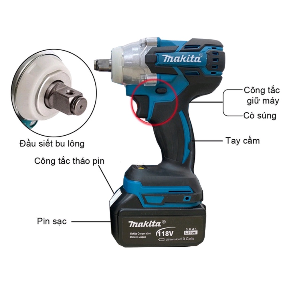 Máy Siết Bulong Cầm Tay Chạy Pin 10Cell Makita 198V 420NM Bắn Vặn Siết Bu Lông Không Chổi Than 100% Lõi Đồng