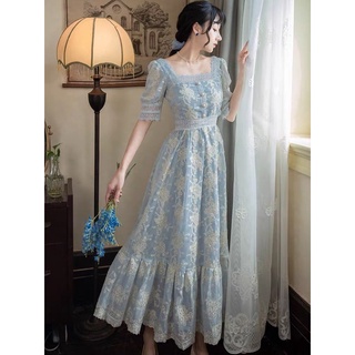 Đầm retro Pháp cổ vuông phối ren hoạ tiết hoa nhí dáng xoè đuôi cá phong cách tiểu thư cổ điển
