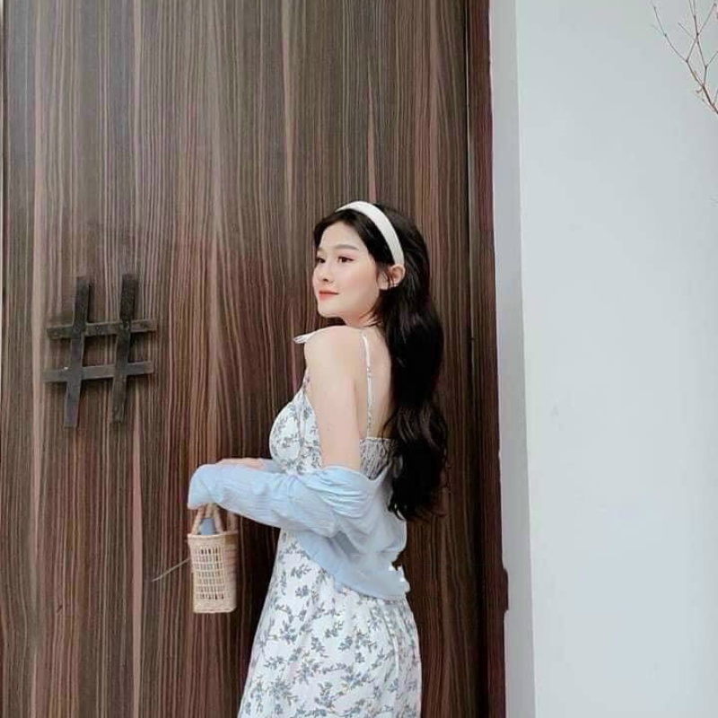 Set váy 2 dây hoa nhí vintage kèm áo khoác cardigan croptop đầm nữ dự tiệc cưới 2 dây sexy