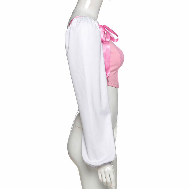 Fashion Women Lace Strap Off Shoulder Crop Top Puff Long Sleeve Casual Daily Tshirt