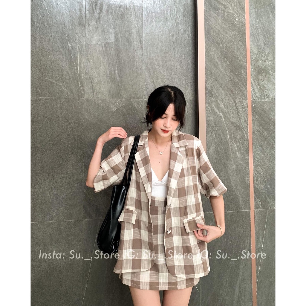 Set áo blazer kẻ ô vuông đệm vai kèm chân váy lưng chun S388 SUSTORE
