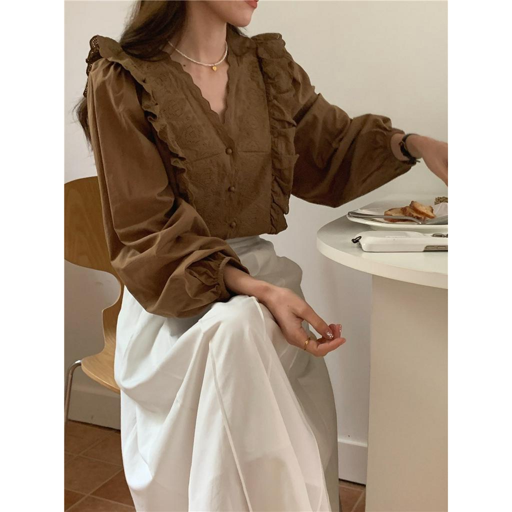 Áo Sơ Mi Thêu Dài Tay Cắt Diềm Xếp Nếp 61071