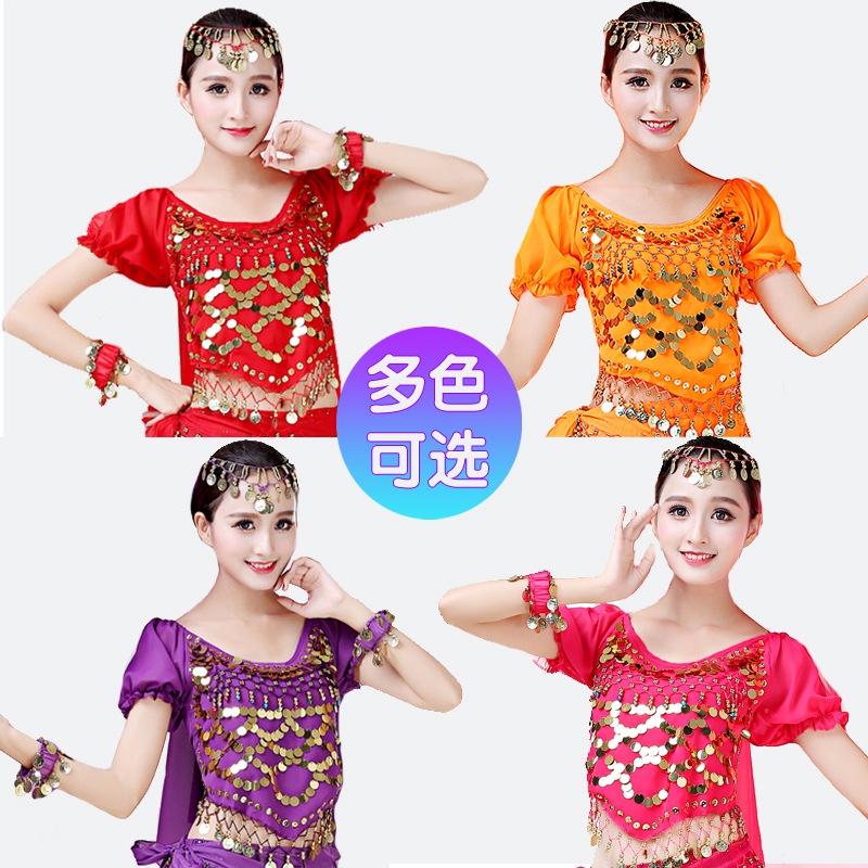Trang phục múa bụng tay ngắn chất liệu Chiffon đính kim sa lấp lánh | BigBuy360 - bigbuy360.vn