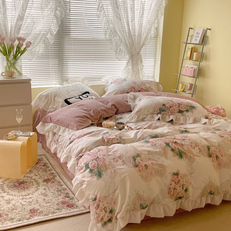Set 4 món cotton bèo ren hoa hồng pháp